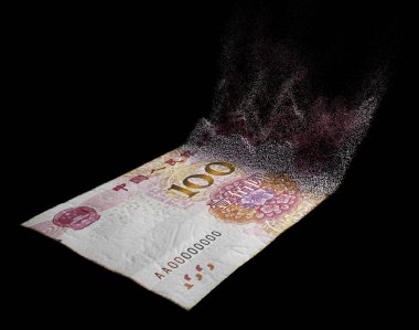 A concept image showing a half dissolved flat paper chinese yuan bank note on a dark studio background - 3D render