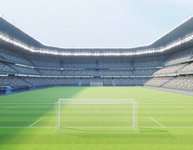 Bir futbol stadyumu. Gün içinde yeşil çimen sahası üzerinde golleri var. 3D render.