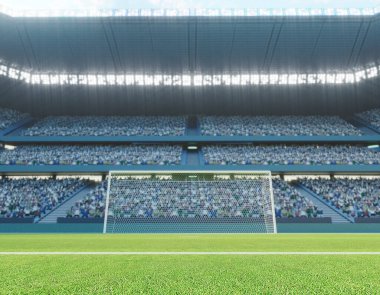Bir futbol stadyumu. Gün içinde yeşil çimen sahası üzerinde golleri var. 3D render.