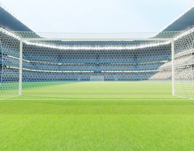 Bir futbol stadyumu. Gün içinde yeşil çimen sahası üzerinde golleri var. 3D render.