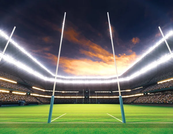 Австралийский Стадион Правил Столбами Обозначенной Зеленой Траве Ночью Освещенными Прожекторами — стоковое фото