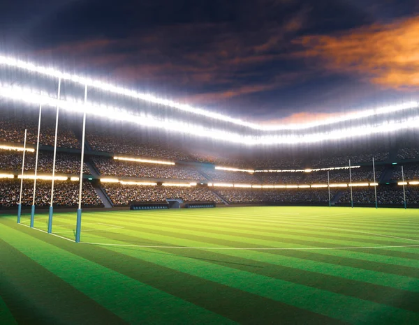 Австралийский Стадион Правил Столбами Обозначенной Зеленой Траве Ночью Освещенными Прожекторами — стоковое фото