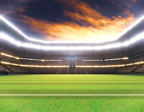 Стадіон Позиціями Помітній Зеленій Траві Вночі Під Освітленими Прожекторами Рендеринг — стокове фото