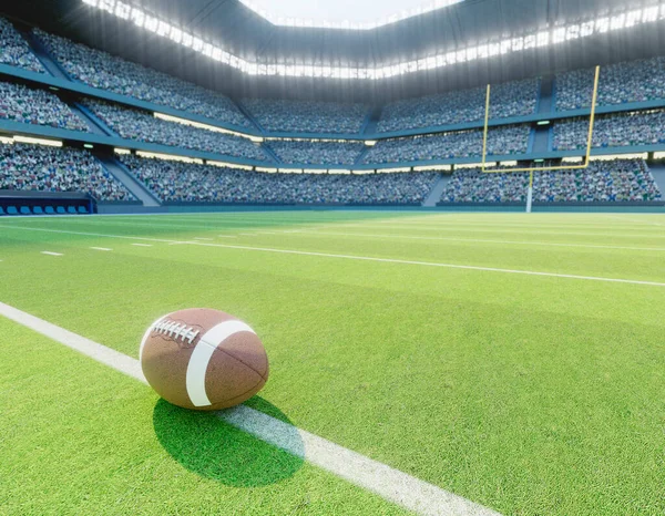スタジアムの中央線にあるアメリカンフットボールで 昼間に緑色の芝生のピッチに投稿があります 3Dレンダリング — ストック写真