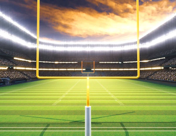 Amerikansk Fotbollsstadion Med Inlägg Markerad Grön Gräsplan Natten Upplysta Strålkastare — Stockfoto