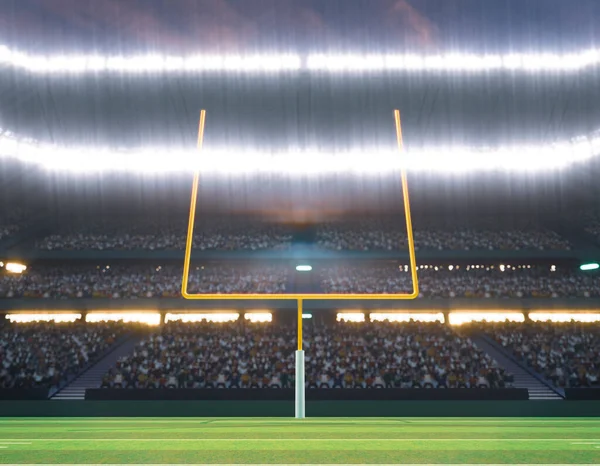 ライトアップされた照明の下で夜に緑色の芝生のピッチに投稿するアメリカのサッカースタジアム 3Dレンダリング — ストック写真