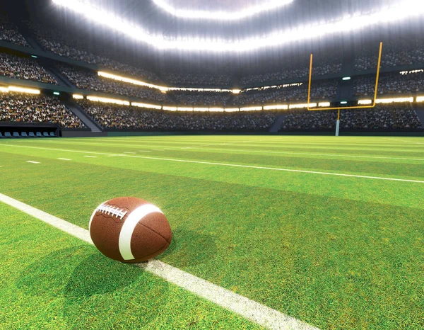 美式足球位于体育场中心线的美式足球 夜间在灯火通明的泛光灯下 在绿色的草地上立柱 3D渲染 — 图库照片