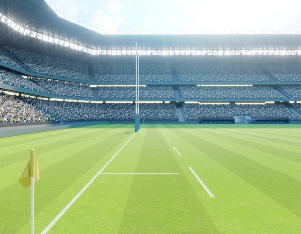 Estadio Rugby Con Postes Campo Hierba Verde Marcado Durante Día — Foto de Stock