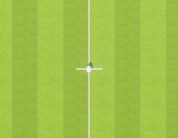 英式橄榄球在英式橄榄球体育场中心线上的一个英式橄榄球球 白天在明显的绿色草地球场上立柱 3D渲染 — 图库照片