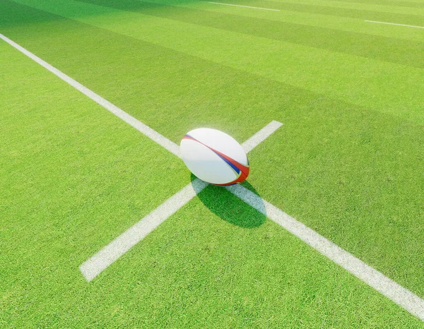 Ein Rugbyball Der Mittellinie Eines Rugbystadions Mit Pfosten Auf Einem — Stockfoto