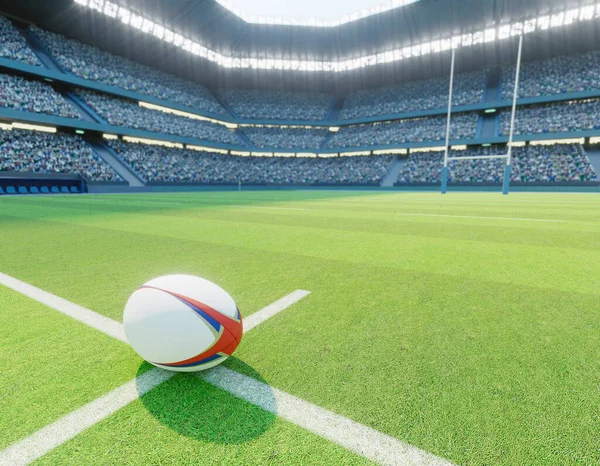 ラグビースタジアムの中央線にあるラグビーボールで 日中に緑色の芝生のピッチに投稿されています 3Dレンダリング — ストック写真