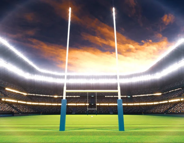 Rugby Stadium Posts Marked Green Grass Pitch Night Illuminated Floodlights — Stock Photo, Image