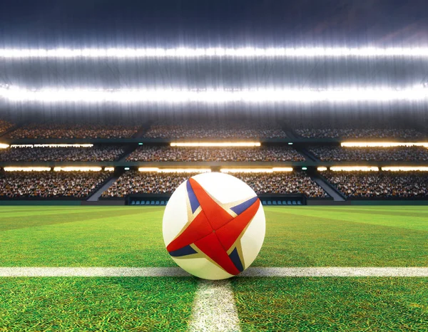 경기장 중앙에 루비로 공처럼 조명을 잔디에 기둥을 세우고 렌더링 — 스톡 사진