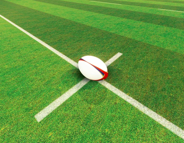 Rugby Boll Mittlinjen Rugby Stadion Med Inlägg Markerad Grön Gräsplan — Stockfoto