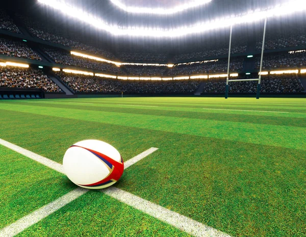 Rugby Boll Mittlinjen Rugby Stadion Med Inlägg Markerad Grön Gräsplan — Stockfoto