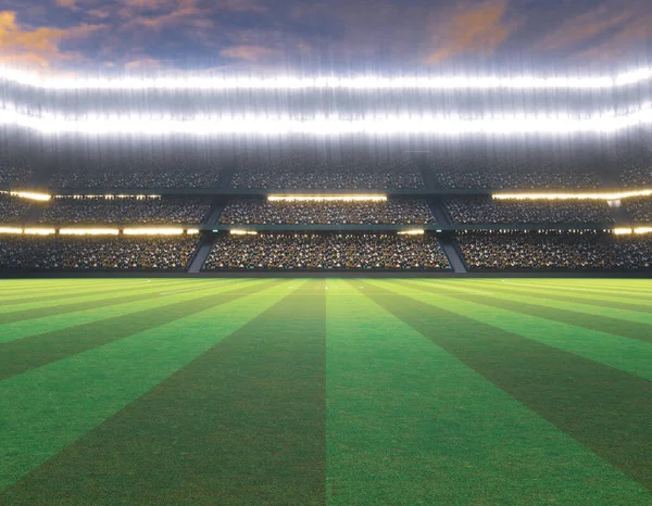 Vista Lateral Estádio Com Campo Grama Noite Renderização — Fotografia de Stock