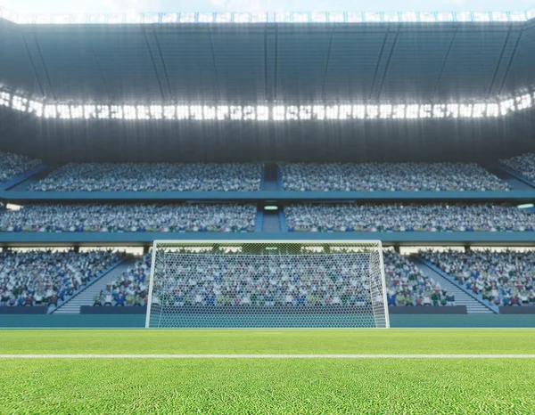 Fotbollsstadion Med Mål Markerad Grön Gräsplan Dagen Render — Stockfoto