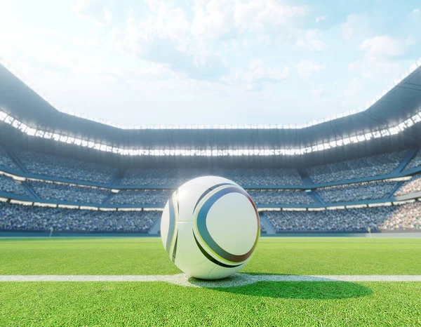 サッカースタジアムの中央線にあるサッカーボールで 日中の緑色の芝生のピッチに目標があります 3Dレンダリング — ストック写真