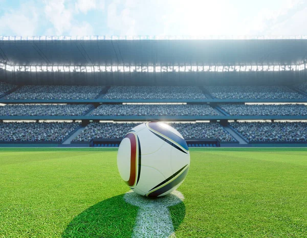 Μια Μπάλα Ποδοσφαίρου Στην Κεντρική Γραμμή Του Γηπέδου Ποδοσφαίρου Στόχους — Φωτογραφία Αρχείου