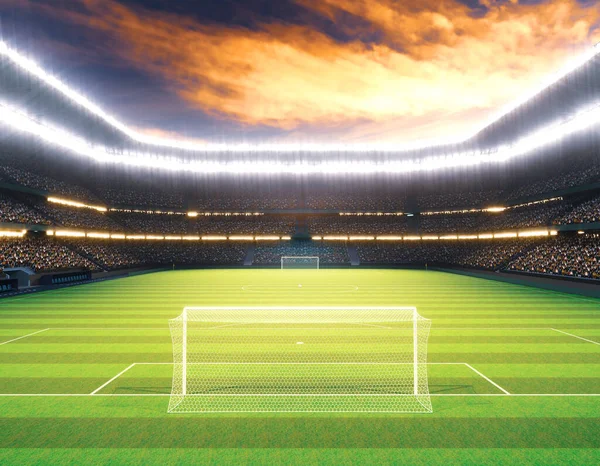 Футбольний Стадіон Голами Помітній Зеленій Траві Під Прожекторами Нічний Час — стокове фото