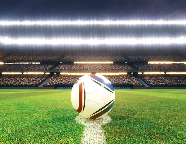 サッカースタジアムの中央線にあるサッカーボールで 夜間の洪水光の下で緑色の芝生のピッチを目標としています 3Dレンダリング — ストック写真