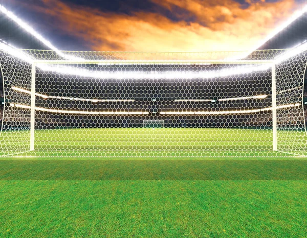 Soccer Stadium Goals Marked Green Grass Pitch Floodlights Night Time — Stock Photo, Image