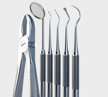 Pense ve izole edilmiş stüdyo arka planında bulunan çelik dişçi aletleri koleksiyonu - 3D görüntüleme