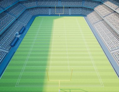 Bir Amerikan futbol stadyumu. Gün içinde yeşil çimenlik alanda direkleri olan bir stadyum.