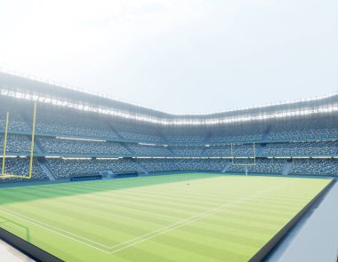 Bir Amerikan futbol stadyumu. Gün içinde yeşil çimenlik alanda direkleri olan bir stadyum.