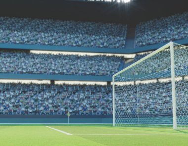 Bir futbol stadyumu. Gün içinde yeşil çimen sahası üzerinde golleri var. 3D render.