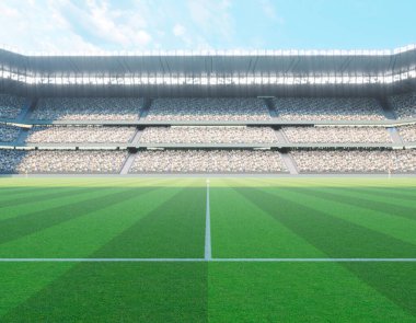 Bir futbol stadyumu. Gün içinde yeşil çimen sahası üzerinde golleri var. 3D render.