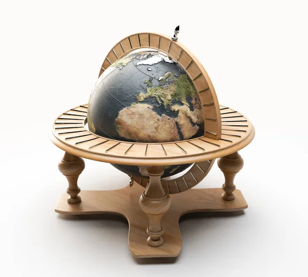 A wooden world globe ornament with silver detail on an isolated white background - 3D render