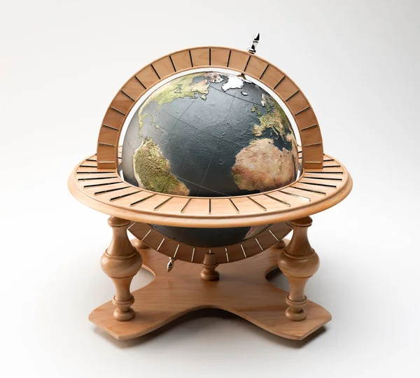 A wooden world globe ornament with silver detail on an isolated white background - 3D render