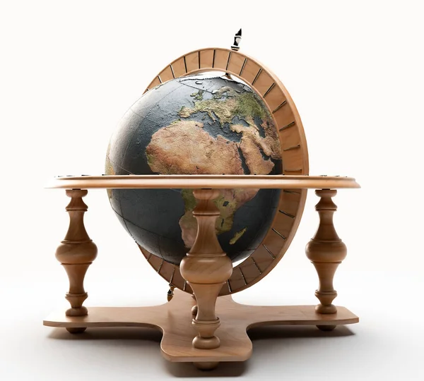 Wooden World Globe Ornament Silver Detail Isolated White Background Render — Stock Photo, Image