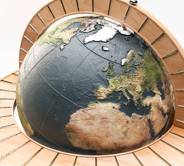 Ornamento Globo Mundial Madeira Com Detalhes Prata Fundo Branco Isolado — Fotografia de Stock
