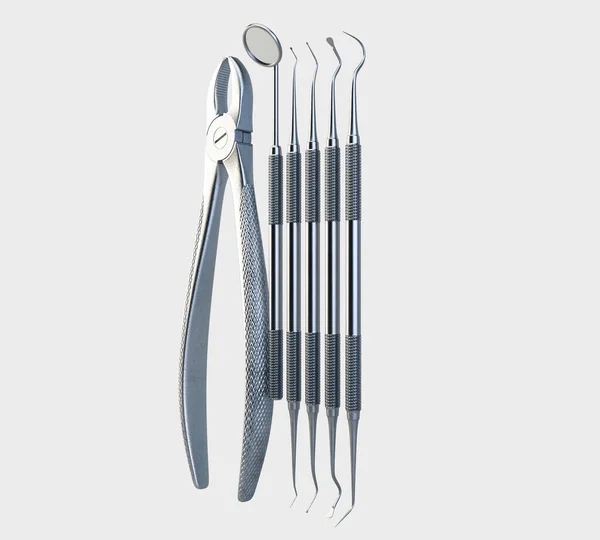 Collection Steel Dentists Tools Including Pliers Picks Isolated Studio Background — Stock Photo, Image