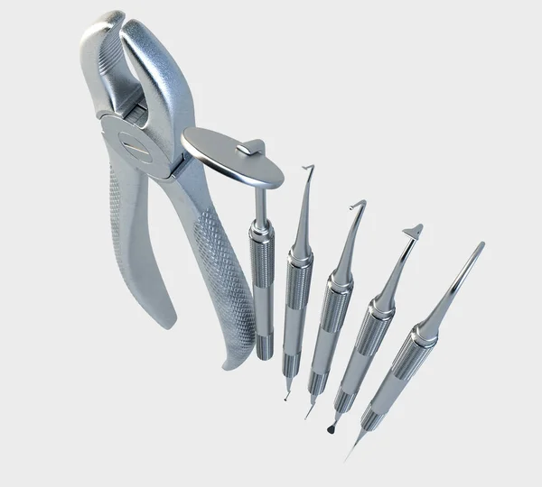 一组钢制牙医工具 包括钳子和夹子 独立工作室背景 3D渲染 — 图库照片