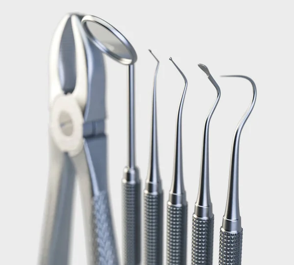 Uma Coleção Ferramentas Dentistas Aço Incluindo Alicates Picaretas Fundo Estúdio — Fotografia de Stock