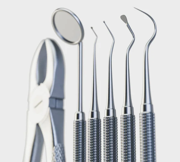 独立したスタジオの背景にペンチやピックなどのスチール歯科用ツールのコレクション 3Dレンダリング — ストック写真