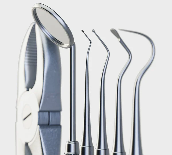 一组钢制牙医工具 包括钳子和夹子 独立工作室背景 3D渲染 — 图库照片