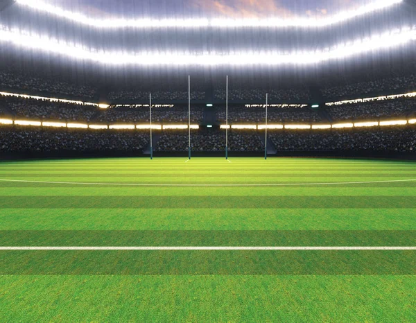 Aussie Rules Stadium Posts Marked Green Grass Pitch Night Illuminated — Stock Photo, Image