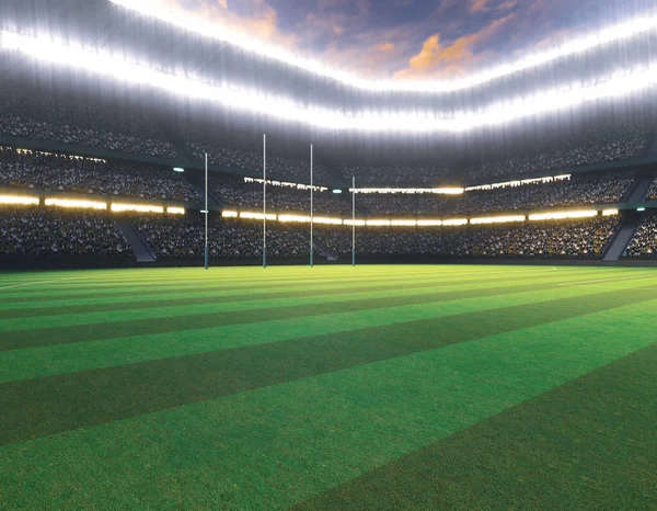 蛍光灯の下で夜に緑色の芝生のピッチに投稿するオージールールスタジアム 3Dレンダリング — ストック写真
