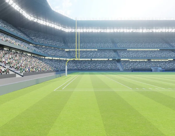 Американский Футбольный Стадион Столбами Обозначенной Зеленой Траве Днем Рендеринг — стоковое фото