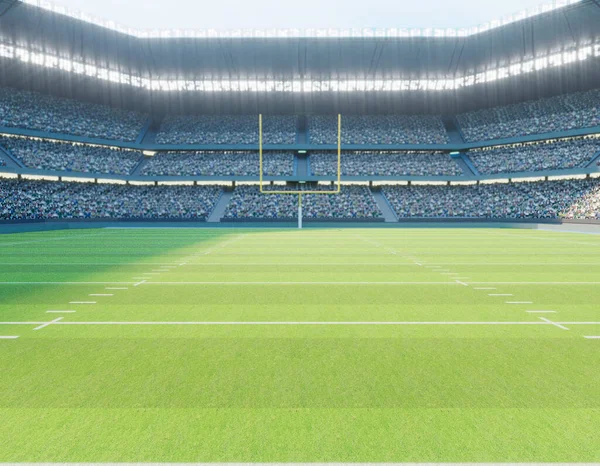 Amerikansk Fotbollsstadion Med Inlägg Markerad Grön Gräsplan Dagtid Render — Stockfoto