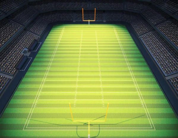 美国的一个足球场 夜间在灯火通明的泛光灯下 在绿色的草地上立柱 3D渲染 — 图库照片