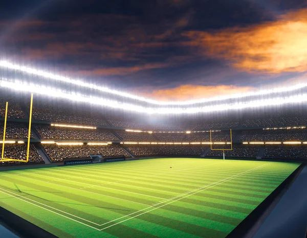 Американський Футбольний Стадіон Написом Зеленому Траві Вночі Під Освітленими Прожекторами — стокове фото