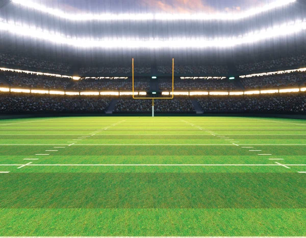 美国的一个足球场 夜间在灯火通明的泛光灯下 在绿色的草地上立柱 3D渲染 — 图库照片