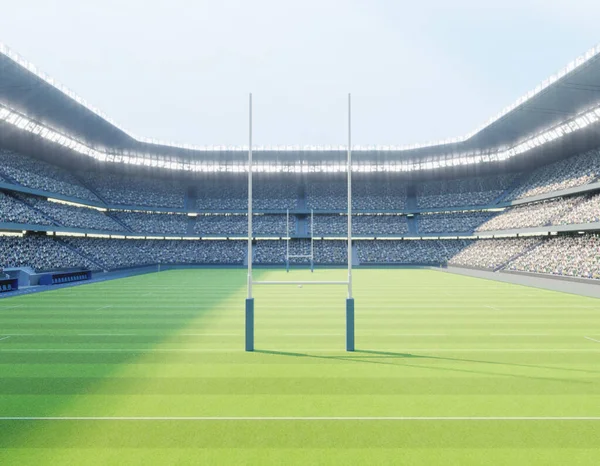 Rugby Stadion Med Inlägg Markerad Grön Gräsplan Dagen Render — Stockfoto