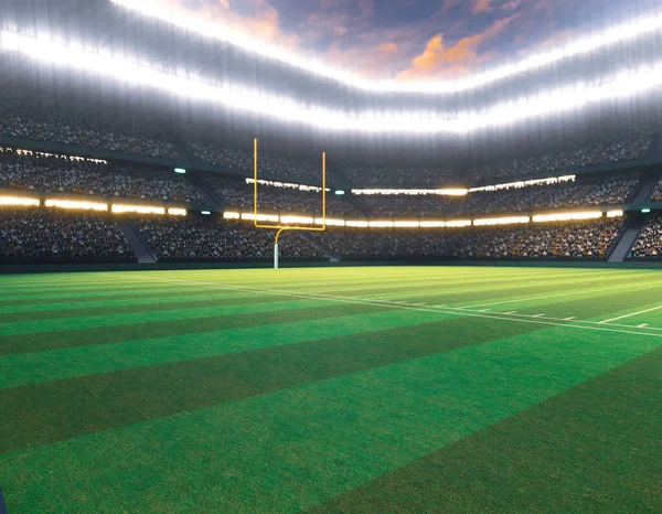 An American football stadium with posts on a marked green grass pitch at night under illuminated floodlights - 3D render