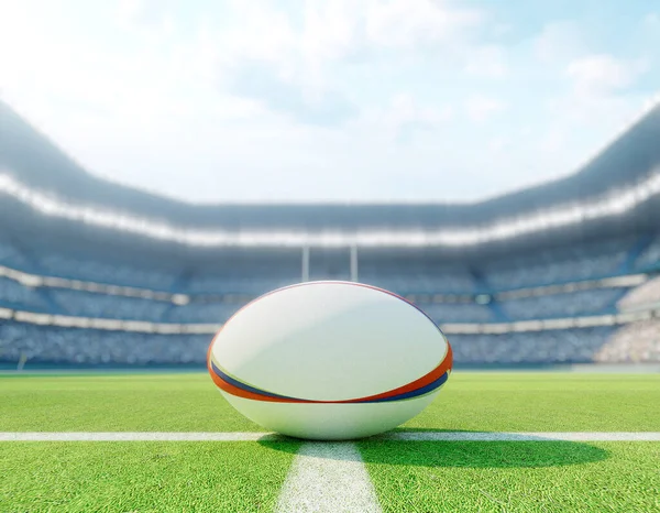 Ein Rugbyball Der Mittellinie Eines Rugbystadions Mit Pfosten Auf Einem — Stockfoto
